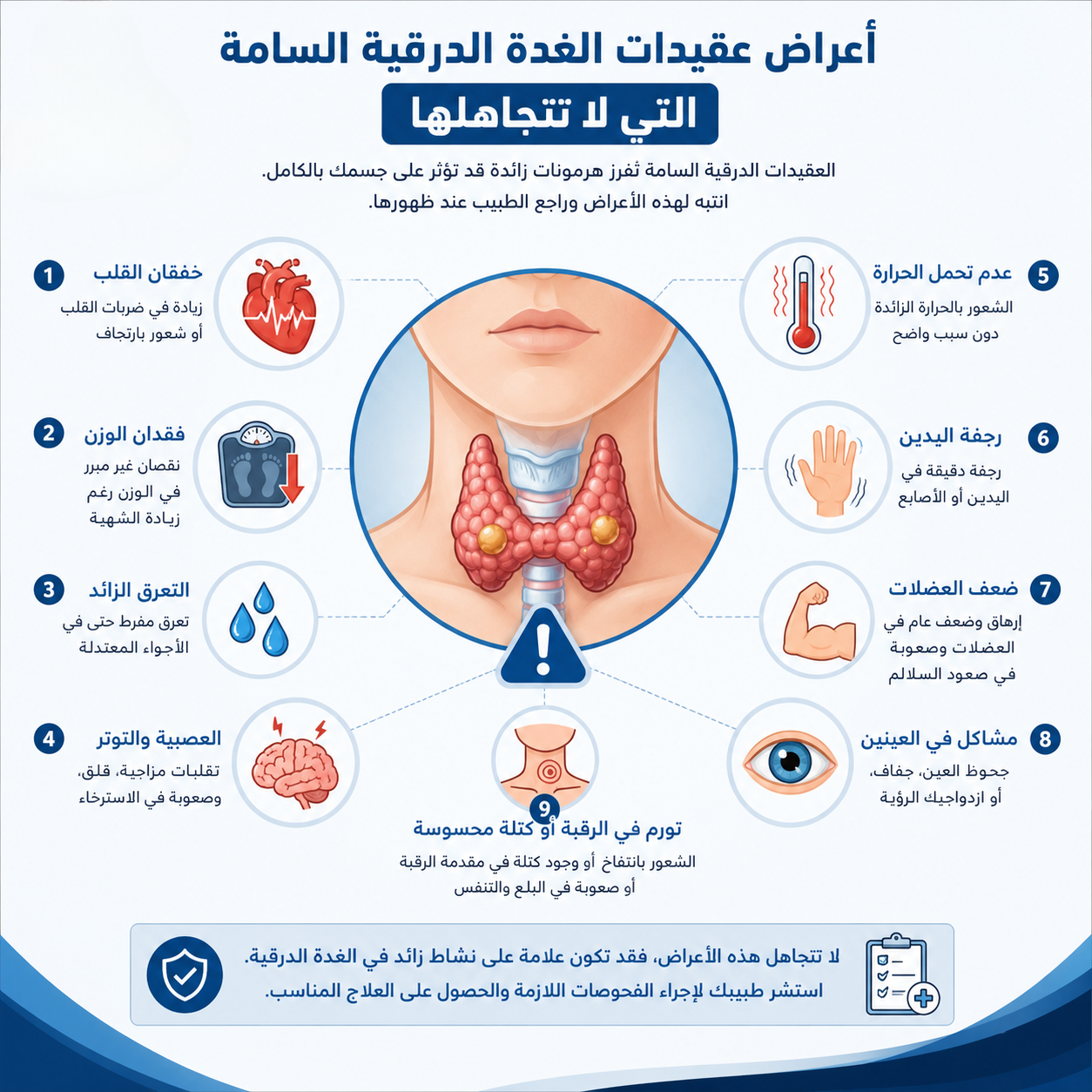 عقيدات الغدة الدرقية السامة: دليلك الطبي الشامل للأسباب والأعراض والعلاج 2 أعراض عقيدات الغدة الدرقية السامة التي لا تتجاهلها