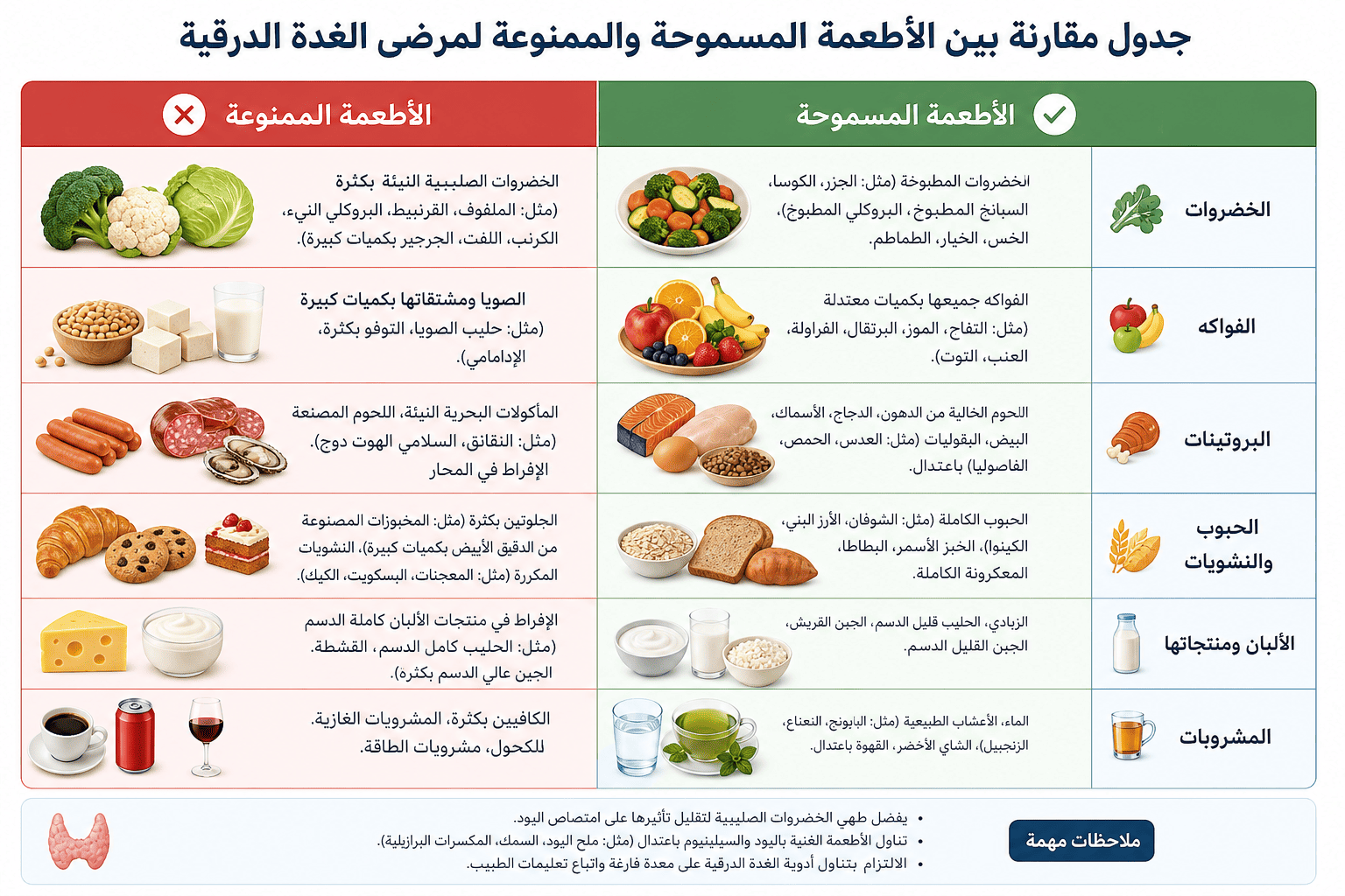 الأكل الممنوع لمرضى الغدة الدرقية النشطة: دليلك لنظام متوازن 2 جدول مقارنة بين الأطعمة المسموحة والممنوعة لمرضى الغدة الدرقية
