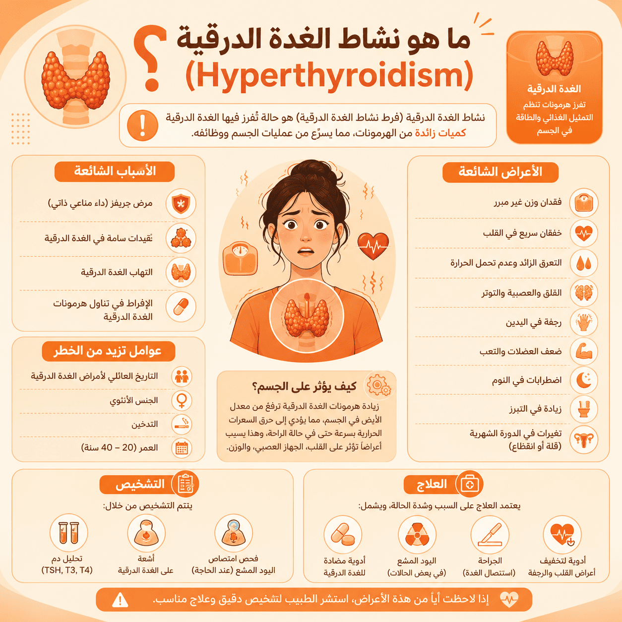 نشاط الغدة الدرقية: دليل لفهم الأعراض، الأسباب والعلاج 1 اريد انفوجرافيك مربع عن (ما هو نشاط الغدة الدرقية (Hyperthyroidism)؟ ) بدرجات الاورانج