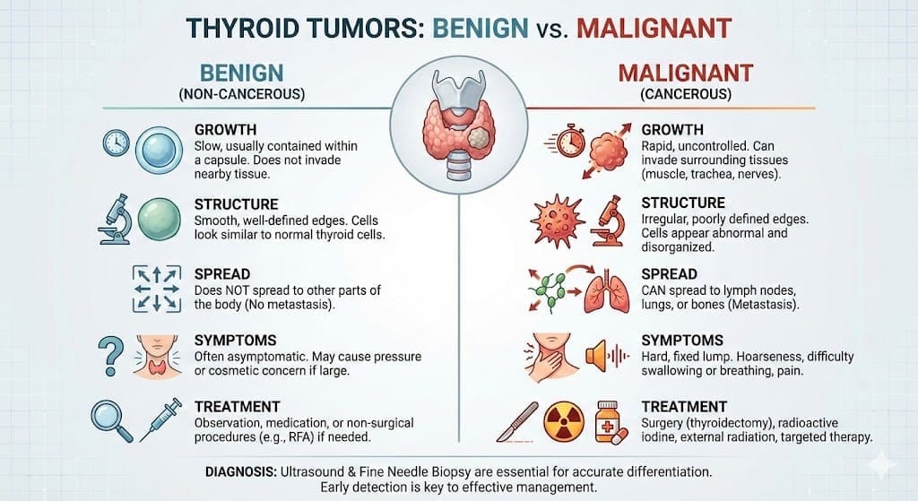 الفرق بين الورم الحميد والخبيث في الغدة الدرقية